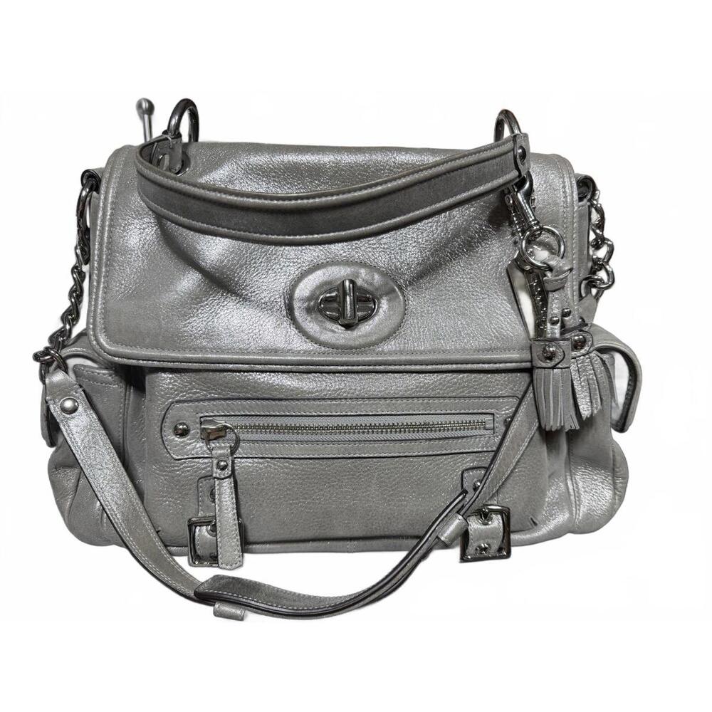 Coach Leather Satchel Shoulder Bag Womens Medium Silver Turnlock Tassel 14616